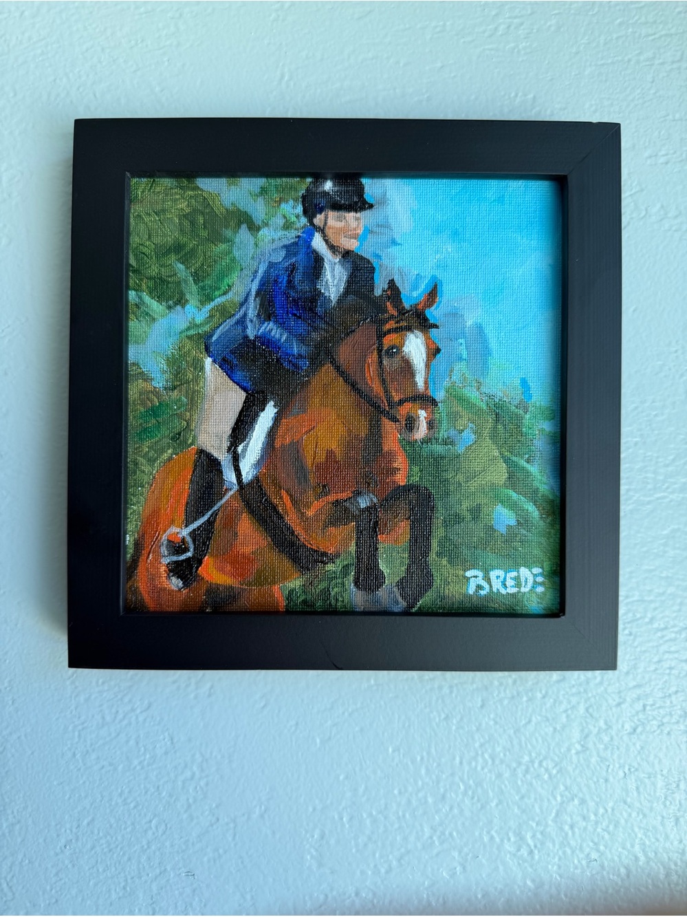 Equestrian oil painting HORSE hunter Jumper BAY gelding mare rider